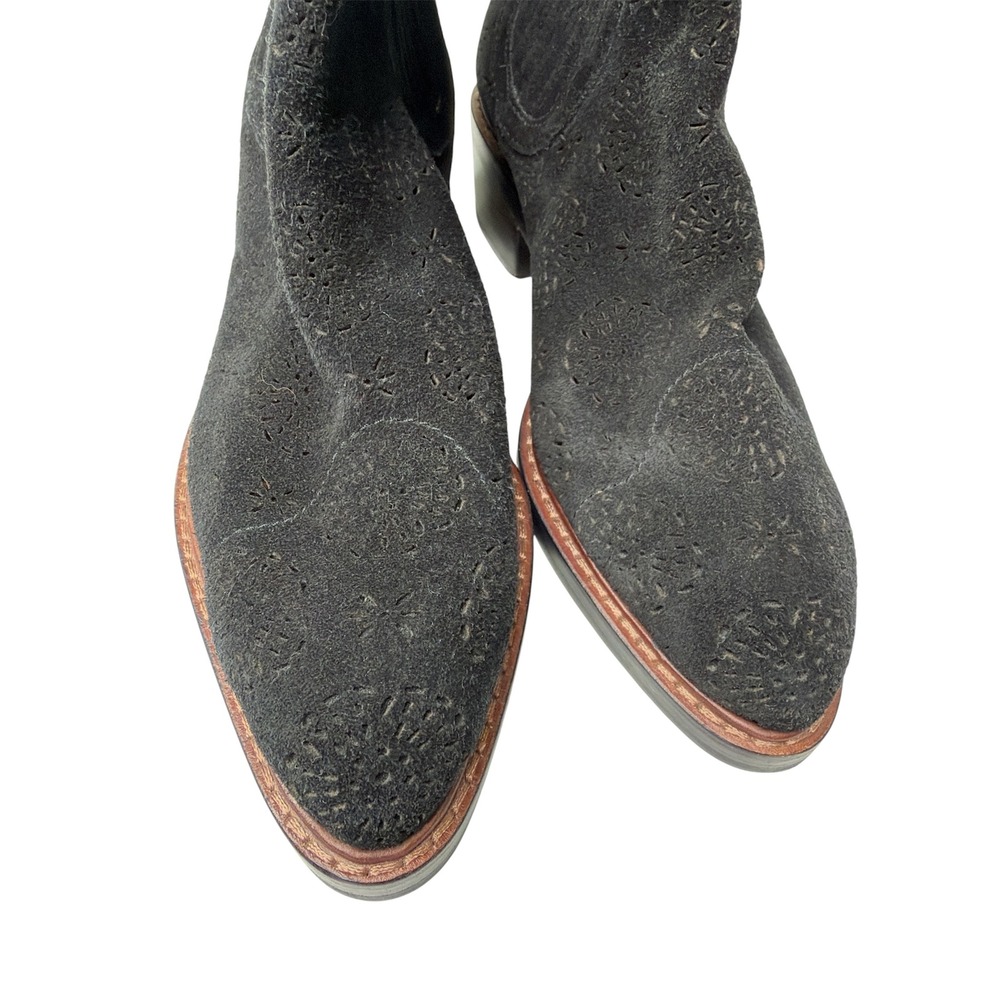 Coach Black Suede Floral Laser Cut Pointed Toe Chelsea Ankle Boots Womens 5.5 - Picture 3 of 6
